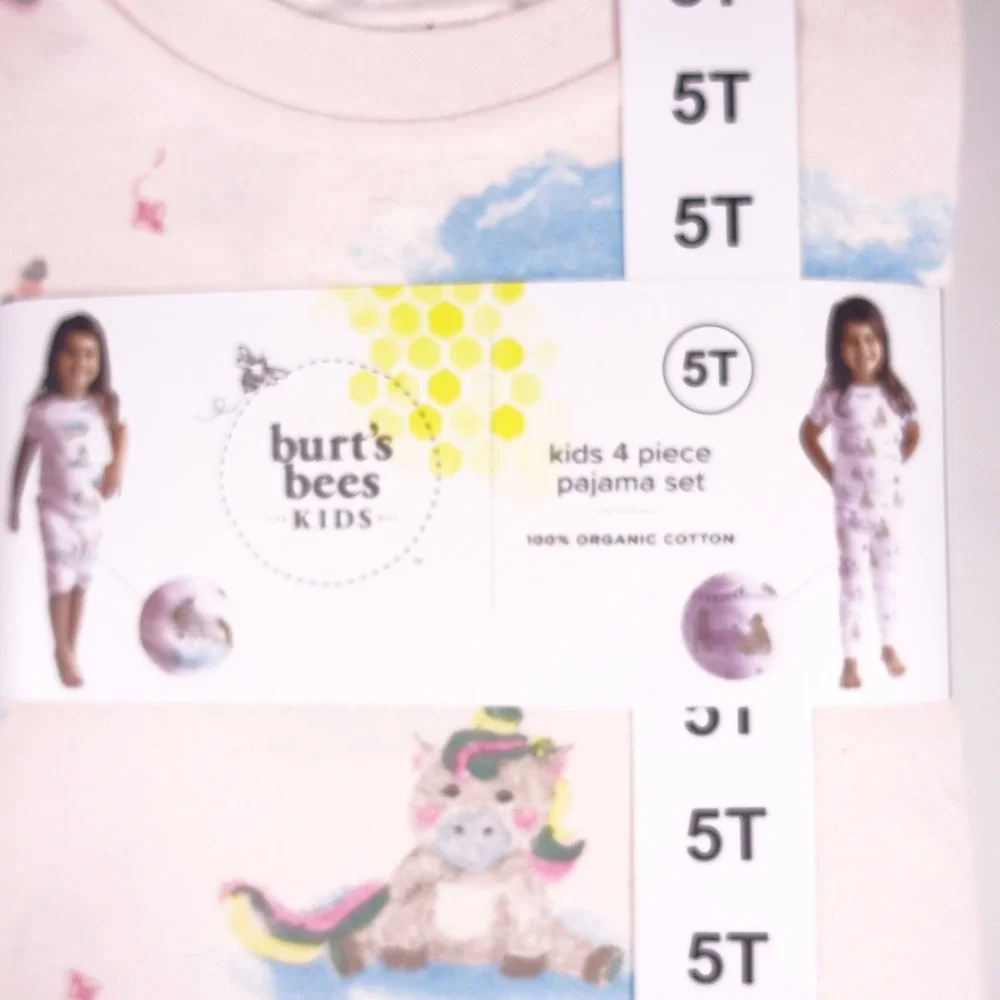 Burts Bees Kids 5T 4-Piece Pajama Set 100% Organic Cotton Pink Tea Party Unicorn
